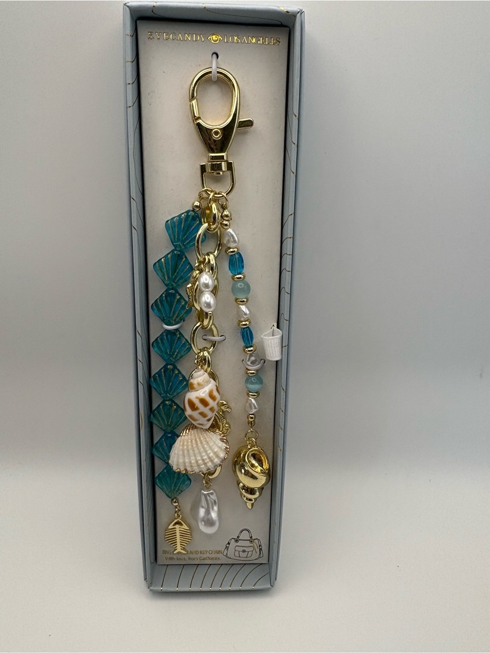 eye candy Teal & Gold Beaded Shell Keychain Charm